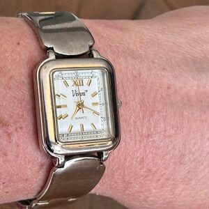 Vivani Women Silver Tone Rectangular Quartz Watch HC127 Gold Accents Link Band